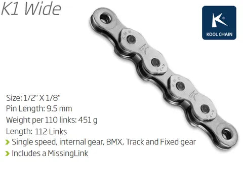 KMC K1 CHAIN - Single Speed - - 112L - SILVER - w/Connect Link, 1/2" x 1/8" x 112L