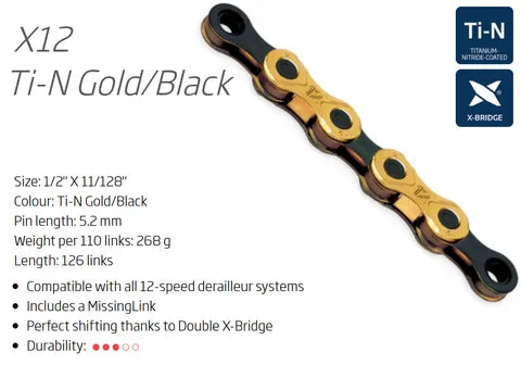 KMC X12 - 1/2" x 11/128" x 126L - w/Connect Link, Gold/Black,